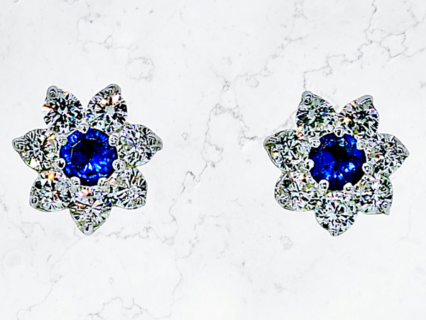 Sapphire Blue and Diamond White Halo Stud Earrings