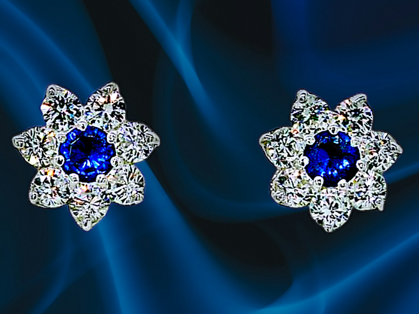 Sapphire Blue and Diamond White Halo Stud Earrings