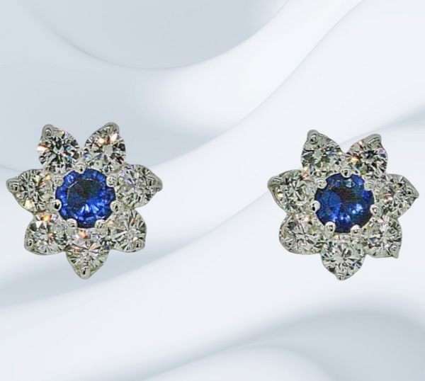 Sapphire Blue and Diamond White Halo Stud Earrings