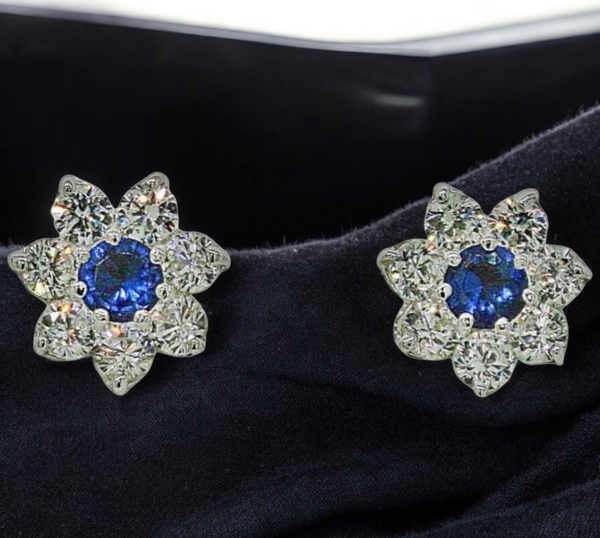 Sapphire Blue and Diamond White Halo Stud Earrings