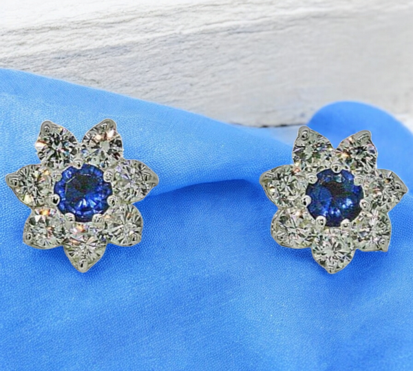 Sapphire Blue and Diamond White Halo Stud Earrings