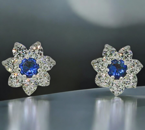 Sapphire Blue and Diamond White Halo Stud Earrings