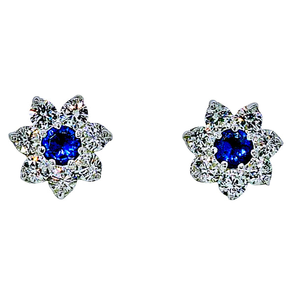 Sapphire Blue and Diamond White Halo Stud Earrings